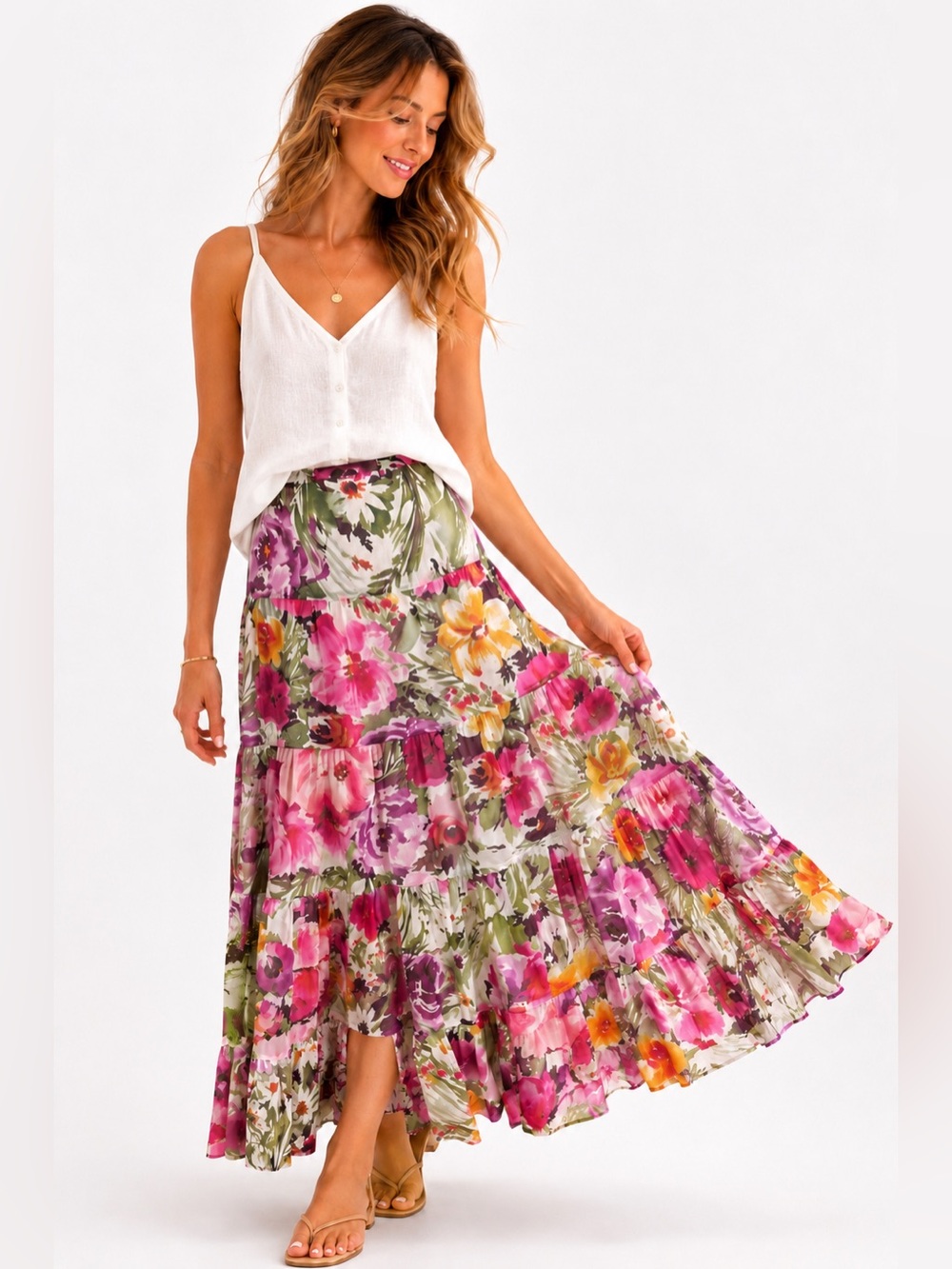 JONES NEW YORK Collection 100% Silk Floral Tiered Maxi Skirt Boho Cottagecore 12